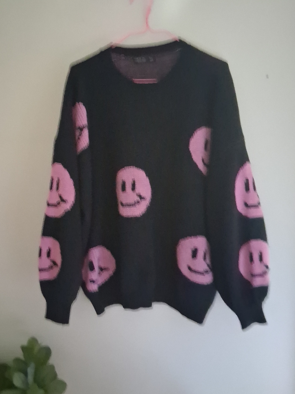 SHEIN Curve Black Crewneck Sweater with Pink Smile Faces
